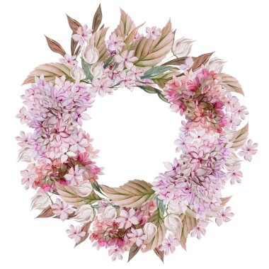 Ortanca yapraklı ve çiçekli suluboya çelenk.