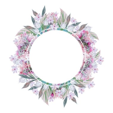 Ortanca yapraklı ve çiçekli düğün suluboya kartı.