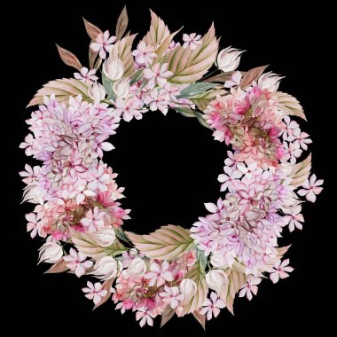 Ortanca yapraklı ve çiçekli suluboya çelenk.