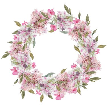 Ortanca yapraklı ve çiçekli suluboya çelenk.