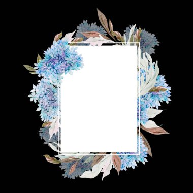 Ortanca yaprakları ve çiçeklerle suluboya düğün kartı. Görüntü