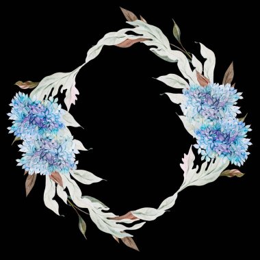 Ortanca yapraklı ve çiçekli suluboya bir çelenk. Görüntü