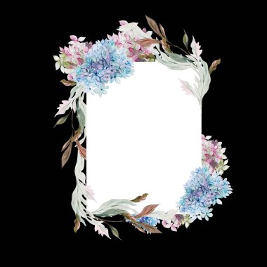 Ortanca yaprakları ve çiçeklerle suluboya düğün kartı. Görüntü