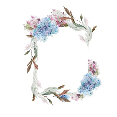 Ortanca yaprakları ve çiçeklerle suluboya düğün kartı. Görüntü