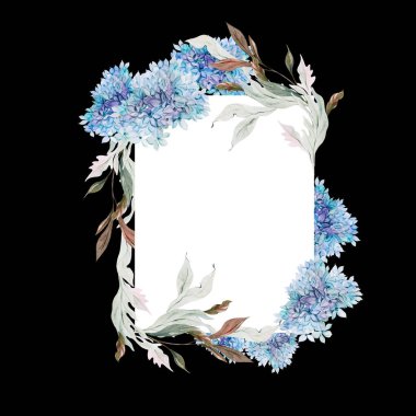 Ortanca yaprakları ve çiçeklerle suluboya düğün kartı. Görüntü