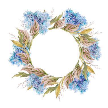 Ortanca yapraklı ve çiçekli suluboya bir çelenk. Görüntü