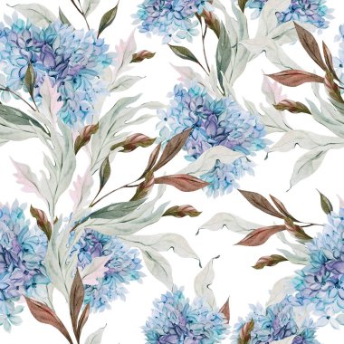 Ortanca yaprağı ve çiçekli suluboya düğün deseni. Görüntü