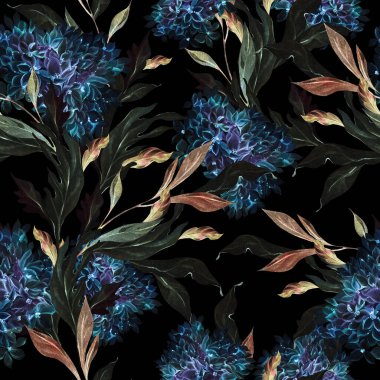 Ortanca yaprağı ve çiçekli suluboya düğün deseni. Görüntü