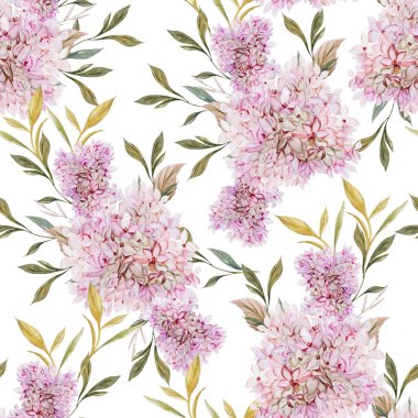 Ortanca yaprağı ve çiçekli suluboya düğün deseni. Görüntü