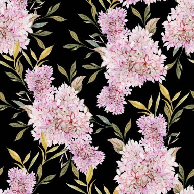 Ortanca yaprağı ve çiçekli suluboya düğün deseni. Görüntü