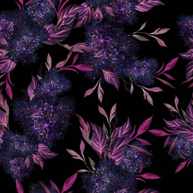 Ortanca yaprağı ve çiçekli suluboya düğün deseni. Görüntü