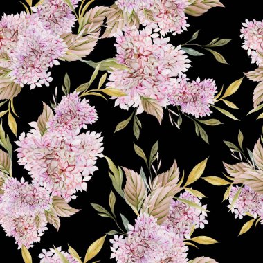 Ortanca yaprağı ve çiçekli suluboya düğün deseni. Görüntü