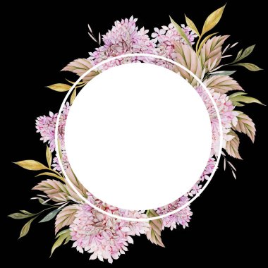 Ortanca yapraklı ve çiçekli düğün suluboya seti. Görüntü