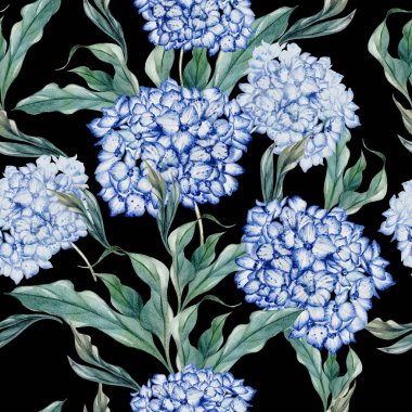 Ortanca yaprağı ve çiçekli suluboya düğün deseni. Görüntü