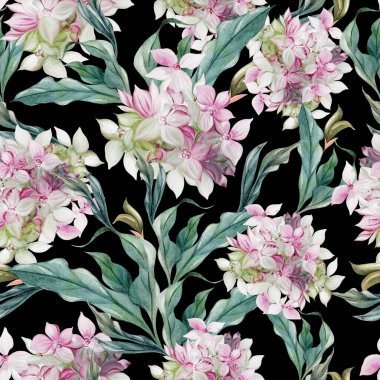 Ortanca yaprağı ve çiçekli suluboya düğün deseni. Görüntü