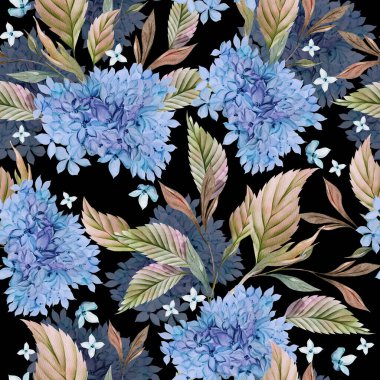 Ortanca yaprağı ve çiçekli suluboya düğün deseni. Görüntü