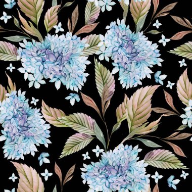 Ortanca yaprağı ve çiçekli suluboya düğün deseni. Görüntü