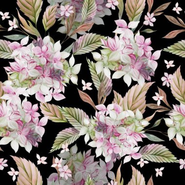 Ortanca yaprağı ve çiçekli suluboya düğün deseni. Görüntü