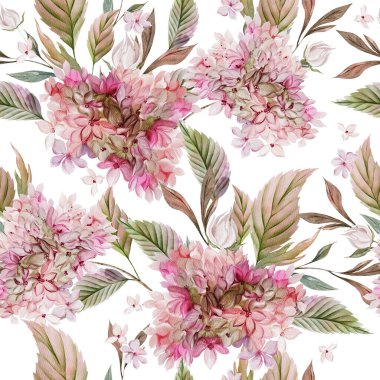 Ortanca yaprağı ve çiçekli suluboya düğün deseni. Görüntü