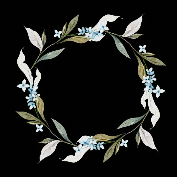 Yapraklı Mavi Çiçekli Suluboya Bir Düğün Çelengi Görüntü — Stok fotoğraf