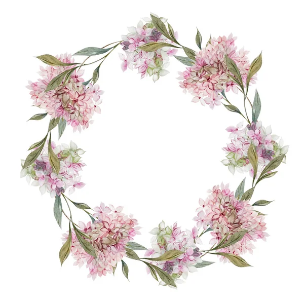 Hochzeits Aquarellkranz Mit Hortensienblättern Und Blüten Illustration — Stockfoto