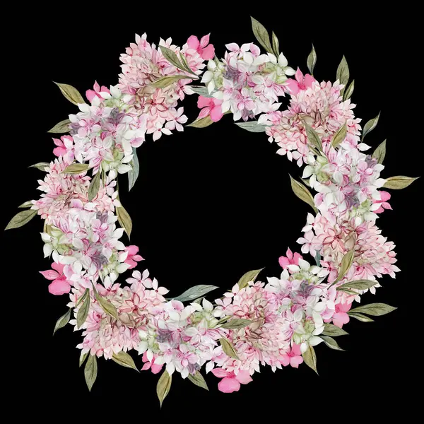 Wedding Watercolor Wreath Hydrangea Leaves Flowers Illustration — Stock Photo, Image
