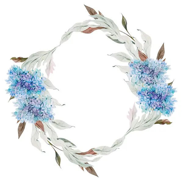 Wedding Watercolor Wreath Hydrangea Leaves Flowers Illustration — Stock Photo, Image