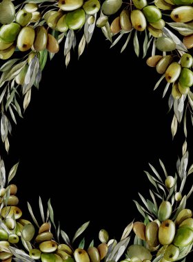 Zeytin çileği ve yeşil yapraklı suluboya çerçeve. Görüntü