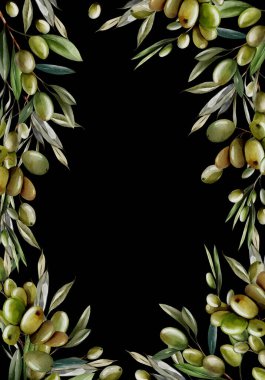 Zeytin çileği ve yeşil yapraklı suluboya çerçeve. Görüntü