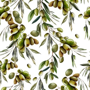 Zeytin ve yeşil yapraklı dikişsiz suluboya desen. Görüntü
