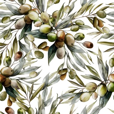 Zeytin ve yeşil yapraklı dikişsiz suluboya desen. Görüntü