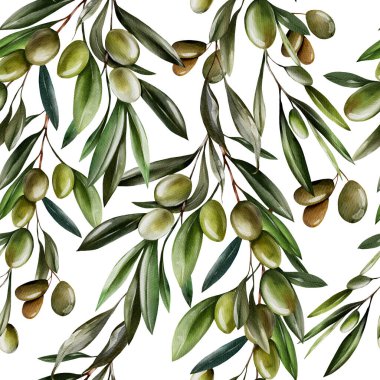 Zeytin ve yeşil yapraklı dikişsiz suluboya desen. Görüntü