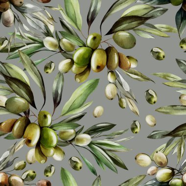 Zeytin ve yeşil yapraklı dikişsiz suluboya desen. Görüntü