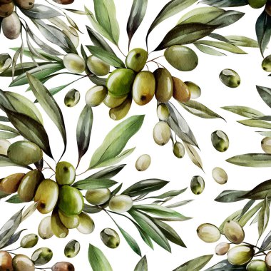 Zeytin ve yeşil yapraklı dikişsiz suluboya desen. Görüntü