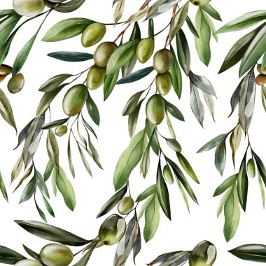 Zeytin ve yeşil yapraklı dikişsiz suluboya desen. Görüntü
