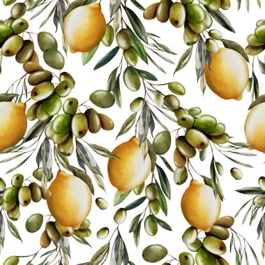 Limonlu ve yeşil zeytinli suluboya desenli. Görüntü