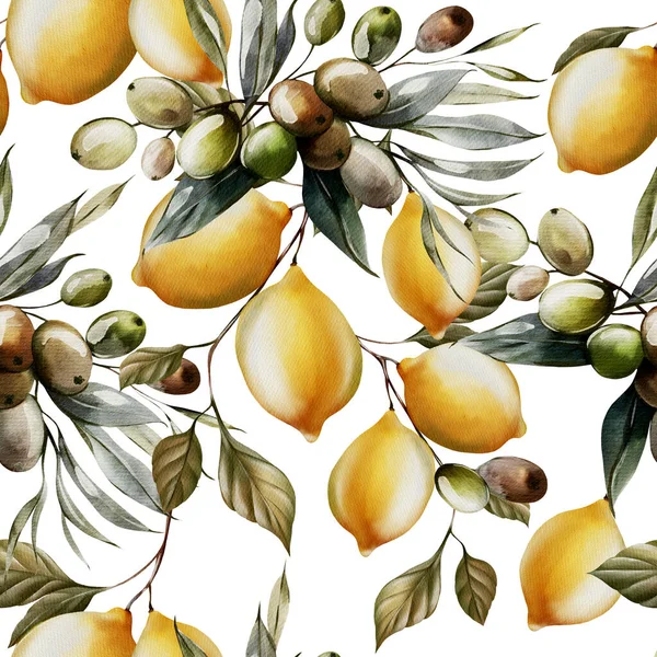Limonlu ve yeşil zeytinli suluboya desenli. Görüntü