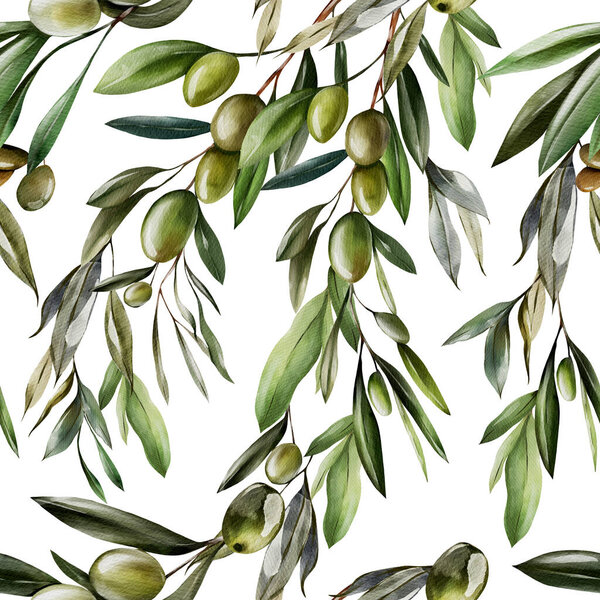 Watercolor seamless pattern with olives and green leaves. Illustration