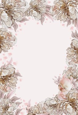 Güzel gül ve şakayık çiçekleri olan suluboya çerçeve.