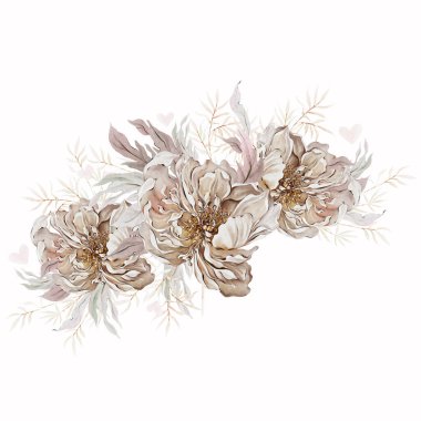 Güzel şakayık çiçekleri ve yaprakları olan suluboya bir buket.