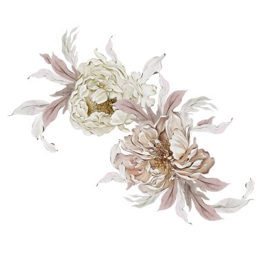 Güzel şakayık çiçekleri ve yaprakları olan suluboya bir buket.