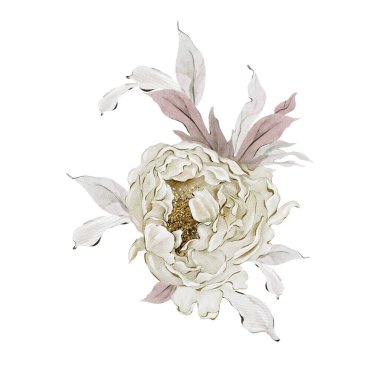 Güzel şakayık çiçekleri ve yaprakları olan suluboya bir buket.