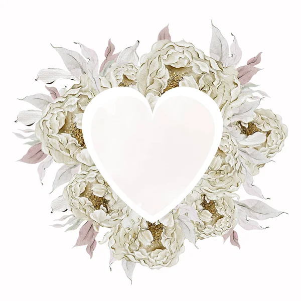 Akvarelové Srdce Krásnými Květy Listy Pivoňky Ilustrace — Stock fotografie