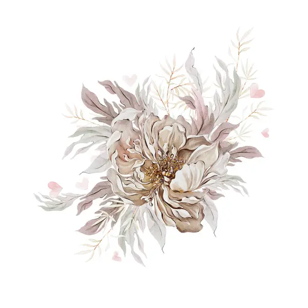 Aquarell Strauß Mit Schönen Pfingstrose Rosenblüten Und Blättern Illustration — Stockfoto