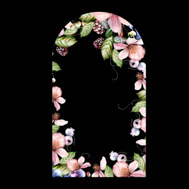 Güzel çiçekler ve yapraklı meyve meyveleri şeklinde suluboya tatil çerçeveleri. Görüntü