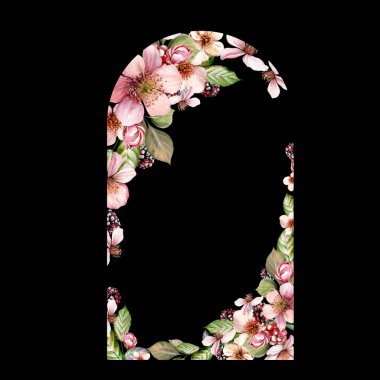 Güzel çiçekler ve yapraklı meyve meyveleri şeklinde suluboya tatil çerçeveleri. Görüntü