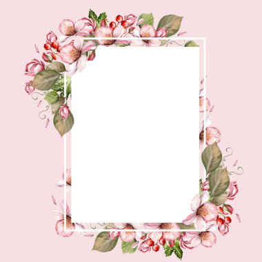 Güzel çiçeklerden ve yeşil yapraklı meyve meyvelerinden yapılmış suluboya davetiye çerçevesi. Görüntü