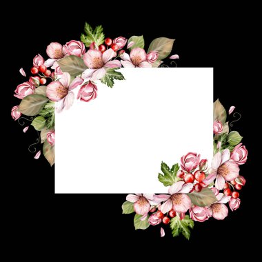 Güzel çiçeklerden ve yeşil yapraklı meyve meyvelerinden yapılmış suluboya davetiye çerçevesi. Görüntü