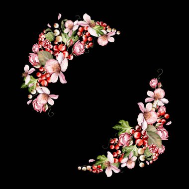 Güzel çiçeklerden ve yeşil yapraklı meyve meyvelerinden yapılmış suluboya davetiye çerçevesi. Görüntü