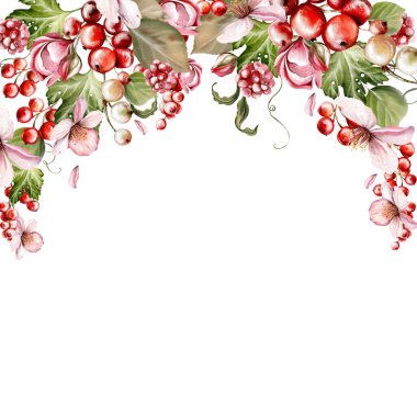 Güzel çiçeklerden ve yeşil yapraklı meyve meyvelerinden yapılmış suluboya bayram davetiyesi. Çizim oranı